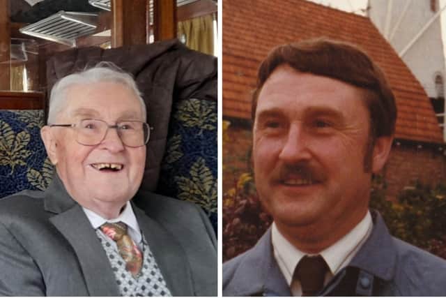 A recent photo of George Basey (left), who passed away in late December, and a picture of George when he ran the Spar in Valley Road