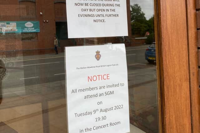 A notice on the door of the Royal British Legion social club in Melton Mowbray advertising the upcoming SGM