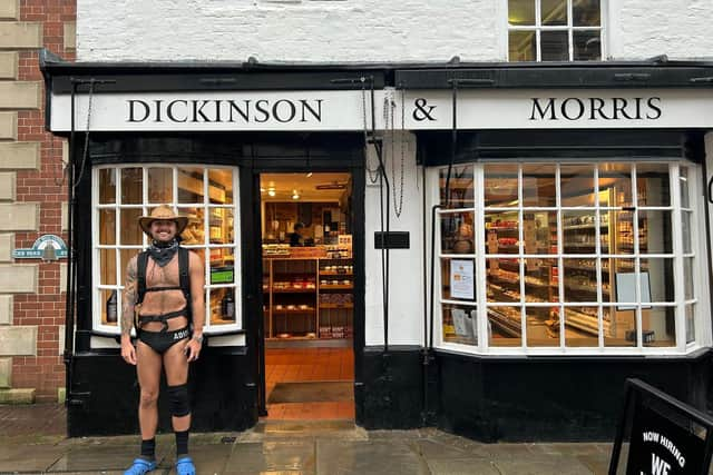 Elliott Hampson outside Melton's Ye Olde Pork Pie Shoppe