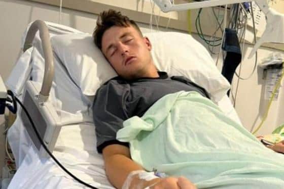 Alfie Morley pictured recovering in hospital after his kidney transplant