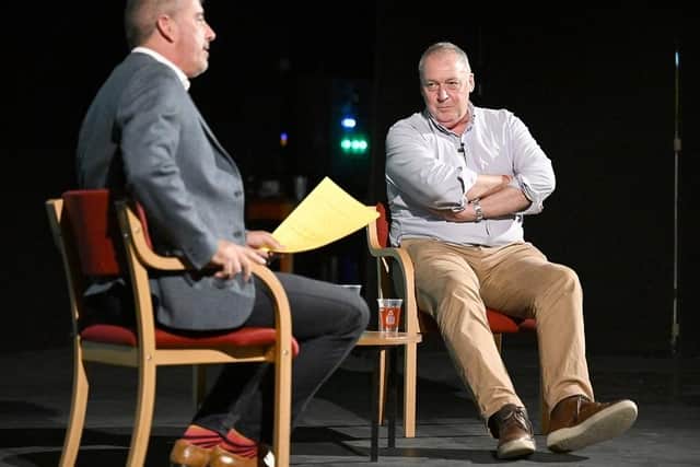 Former England bowler Angus Fraser (right) is interviewed by Darren Bicknell at Melton Theatre
PHOTO TOBY ROBERTS