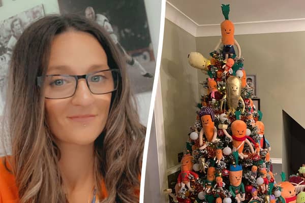 Kevin the Carrot superfan  Chevie Wells and her Christmas tree 

