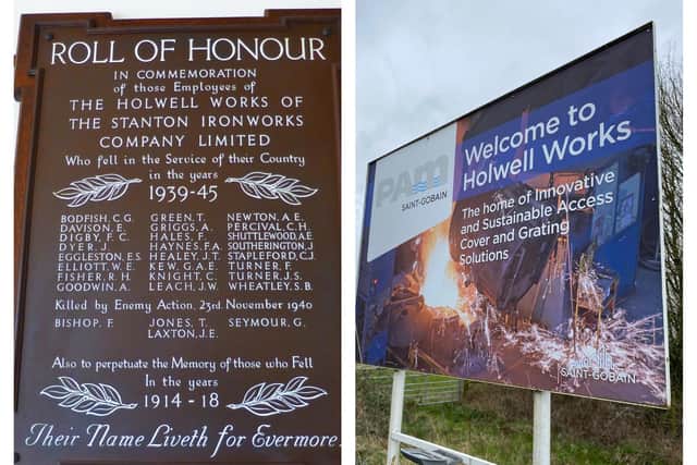 The wooden war memorial at Holwell Works (left) and a sign for the plant, which is set to close down soon