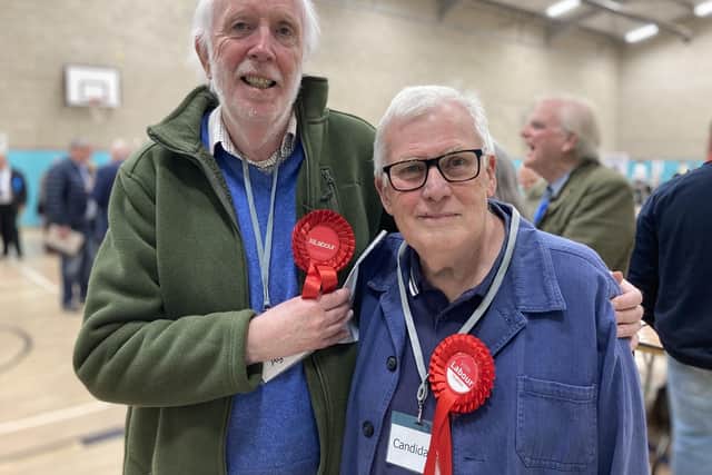 James Mason (right) celebrates being elected in Bottesford as one of five new Labour councillors on the authority with Bob Sparham, who served as a Labour councillors on Melton Council in the late 1980s
