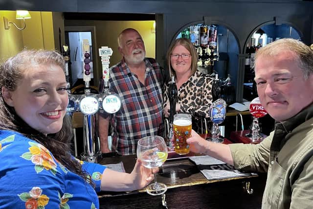 Melton MP Alicia Kearns enjoys a drink on the reopening day at The Bell at Frisby in April with new mine hosts Lucy and Gordon Jackson plus pub operations manager Steve Hardy