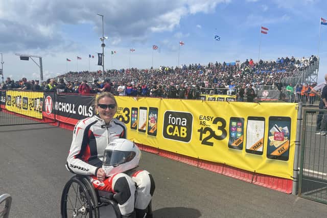 Claire Lomas pictured in front of the grandstand at the NW 200 race day on Saturday