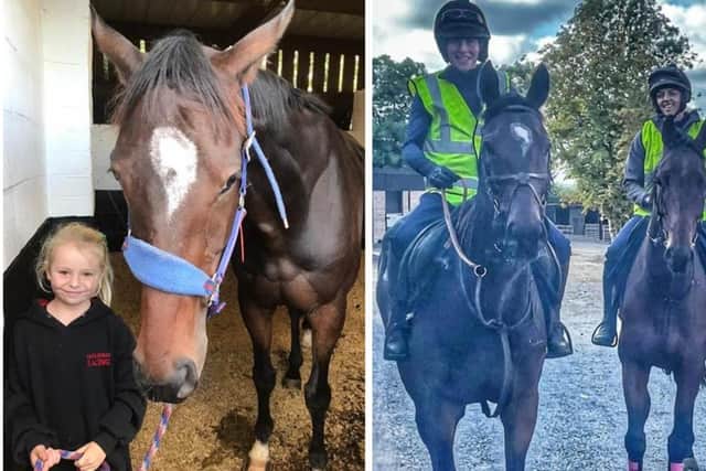 Laura Morgan's niece, Olivia, with Cheltenham hope, Clear The Runway (left) and the horse pictured on the left of the photo on the right with Lizzie Harris aboard