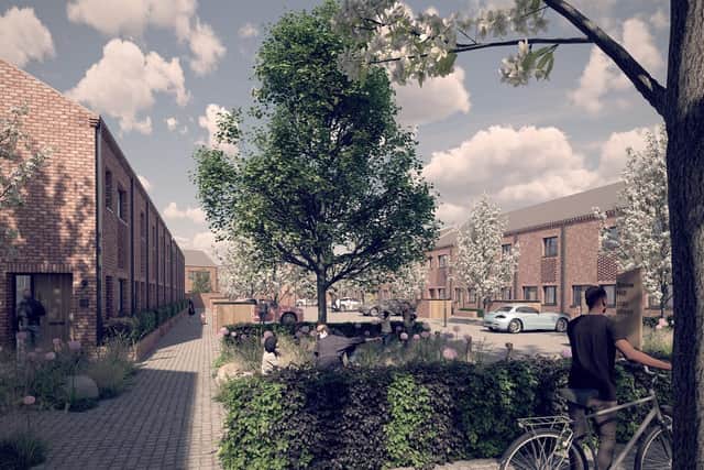 A computer graphic of what the Jeld-Wen site will look like with some of the new homes planned