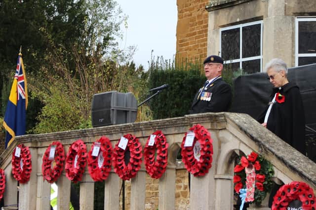 Nick Pridden, chairman of the Melton branch of the Royal British Legion gives an address during the service in Memorial Gardens