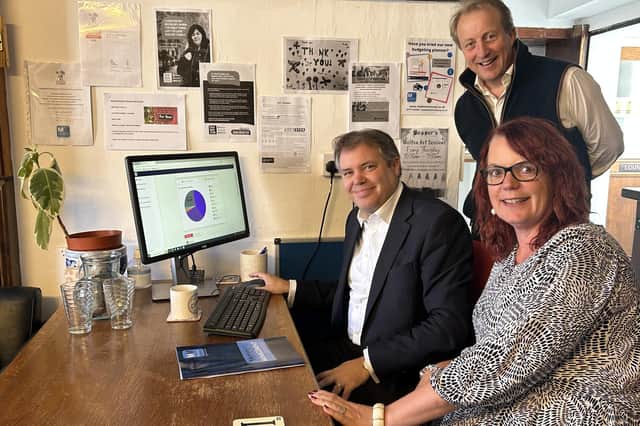 Melton and Syston MP Ed Argar (seated), having the online budget planner demonstrated to by MADMAC CEO Amanda Heath and trustee David Chubb