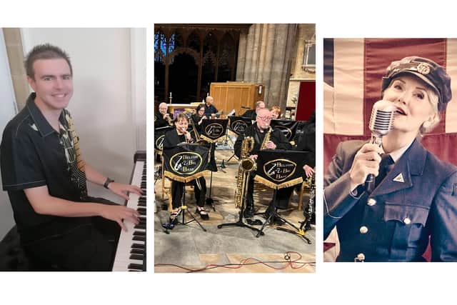 Three of the performers at October's community concert to be staged by The Spotlight Theatre Group, from left: Thomas Corden, Belvoir Big Band and Lady Lindy