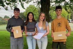 GCSE students Barney, Stephanie, Liv and Ned celebrate their results today at The Priory Belvoir Academy