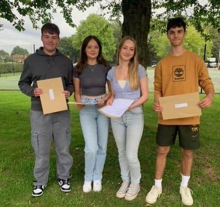 GCSE students Barney, Stephanie, Liv and Ned celebrate their results today at The Priory Belvoir Academy