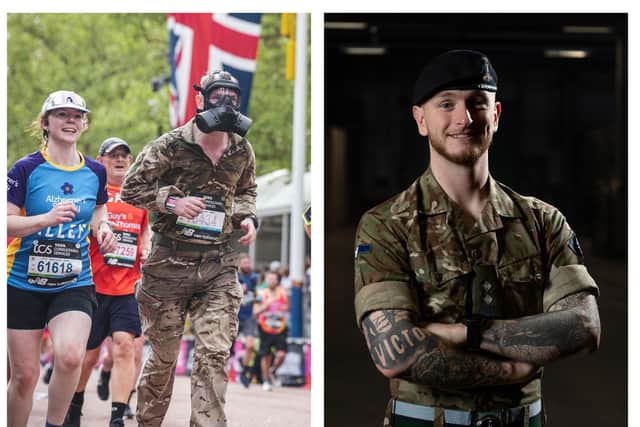 Tyler Bury (right) and running in the 2025 London Marathon wearing respirator and military kit