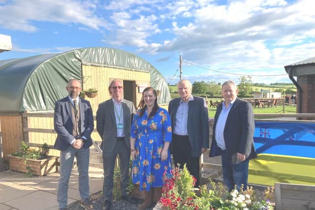Pictured at the Ukraine community event near Melton, from left, Mark Andrews (chief executive of Rutland County Council), Edd de Coverly (chief executive of Melton Borough Council), Alicia Kearns MP, Cllr Malise Graham (Melton Borough Council lead for communities), Cllr Phil King (leader of Harborough District Council)
