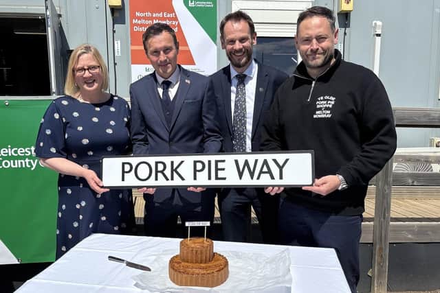 Roads Minister, Simon Lightwood MP (second from right) and Dickinson and Morris Ye Olde Pork Shoppe manager Richard Griffiths (extreme right) pictured at the launch event today