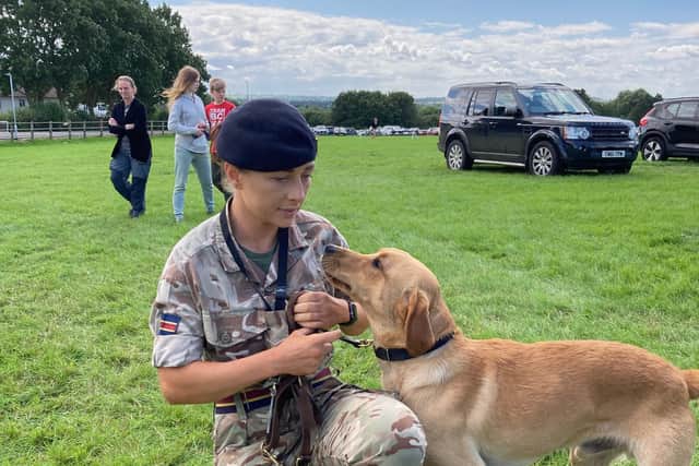 Lance Cpl Erin Williamson with labrador Buster, who is training to be a drugs sniffer dog for the RAF, pictured at Saturday's open day at Melton's Defence Animal Training Regiment Remount Barracks