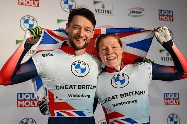 Amelia Coltman and Marcus Wyatt celebrate their impressive fourth place finish in the world championship team skeleton event in Germany