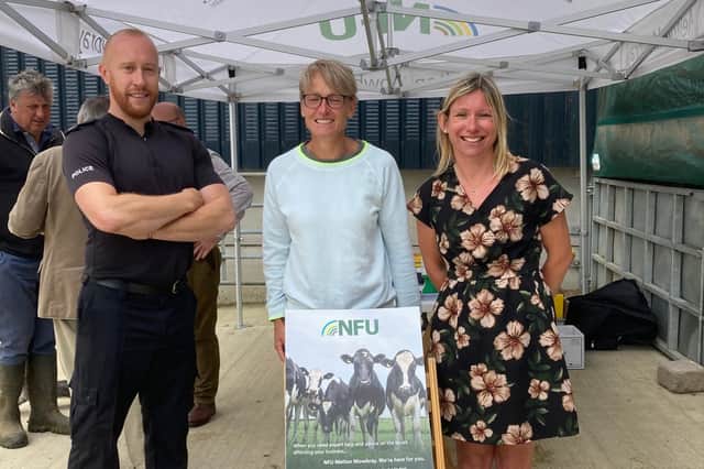 Melton NFU chair, Saya Harvey (centre), with Pc Rob Cross and Sarah Procter, senior group secretary for Melton NFU Mutual, pictured at a recent rural crime event at Somerby