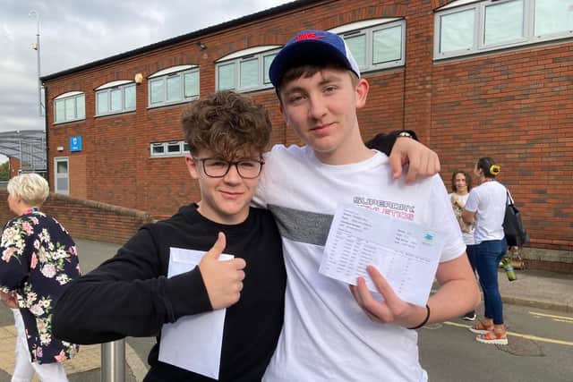 Josh Carnell and Elliott Williams celebrate their GCSE results at Long Field Spencer Academy today