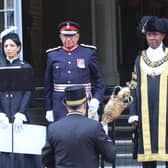 From left, Kevin Feltham, chair of Leicestershire County Council,  Mehmooda Duke MBE, The High Sheriff, Michael Kapur OBE, Lord-Lieutenant of Leicestershire and George Cole, Lord Mayor of Leicester take part in a ceremony today for the proclamation of the new reign of King Charles III