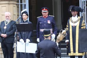 From left, Kevin Feltham, chair of Leicestershire County Council,  Mehmooda Duke MBE, The High Sheriff, Michael Kapur OBE, Lord-Lieutenant of Leicestershire and George Cole, Lord Mayor of Leicester take part in a ceremony today for the proclamation of the new reign of King Charles III