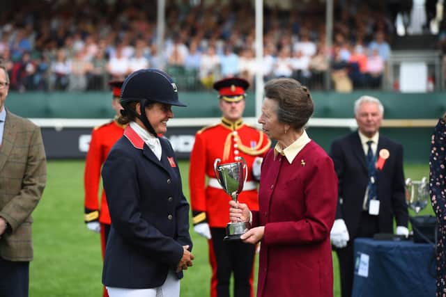 HRH The Princess Royal presenting Piggy March with the winner’s trophy at Burghley in 2022 (PHOTO DBHT/Peter Nixon)