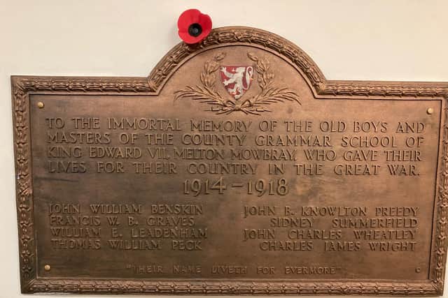 A plaque listing former King Edward VII School students killed in the First World War, which was relocated to the Legion club when the school closed