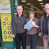 History authors Peter Smith and David Matthews with Kerry Martin, manager of The Hanger, an air ambulance charity store  in Melton Mowbray