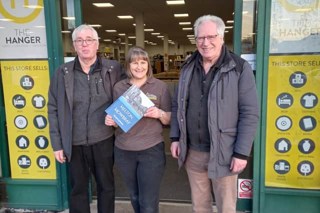 History authors Peter Smith and David Matthews with Kerry Martin, manager of The Hanger, an air ambulance charity store in Melton Mowbray