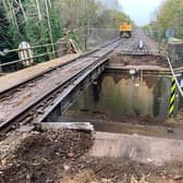 The damaged railway bridge which has curtailed train services between Melton and Peterborough