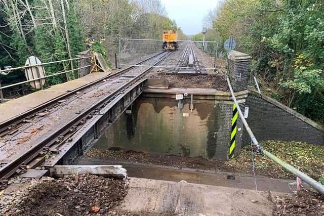 The damaged railway bridge which has curtailed train services between Melton and Peterborough