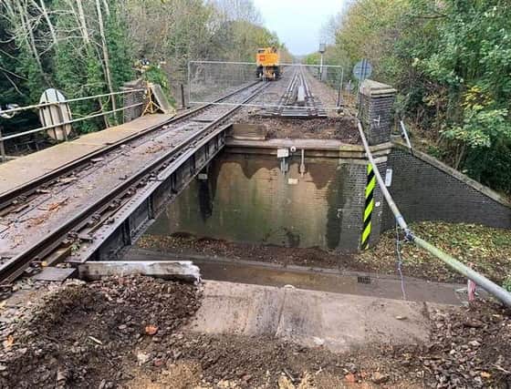 The damaged railway bridge which has curtailed train services between Melton and Peterborough
