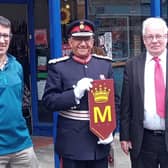 Lord Lieutenant of Leicestershire, Mike Kapur, launches the Royal Mile in King Street, with founder Matthew O'Callaghan (right) and local trader Michael Cooke