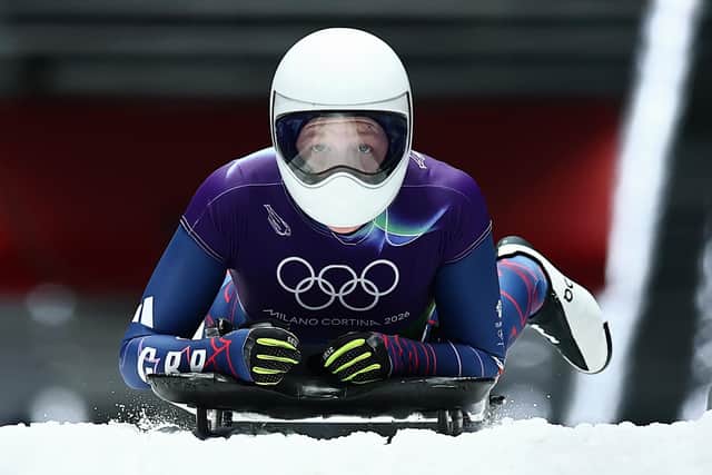CORTINA D'AMPEZZO, ITALY - FEBRUARY 14: Amelia Coltman of Team Great Britain reacts after competing during Women's Skeleton Heat Four on day eight of the Milano Cortina 2026 Winter Olympic games at Cortina Sliding Centre on February 14, 2026 in Cortina d'Ampezzo, Italy. (Photo by Mattia Ozbot/Getty Images)