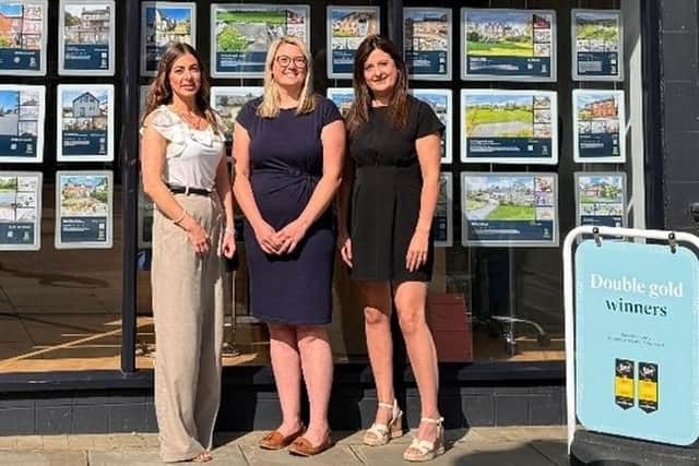 Sales director Melissa Hopson, managing director Lizzie Bateman and head of operations Maria Burns outside Bentons at Melton Mowbray