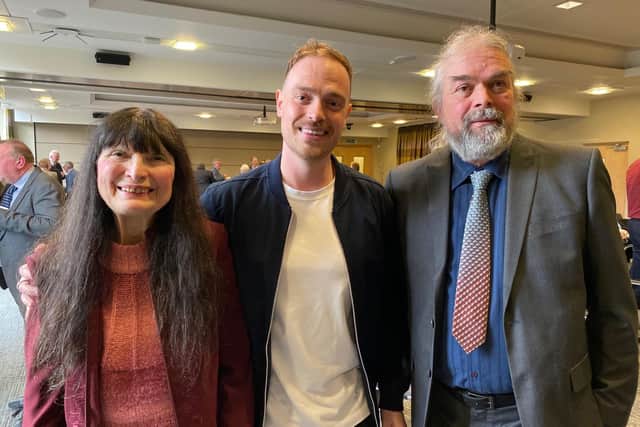 James Hall (centre) with his broadcasting mentors, Christine Slomkowska and Patrick McCracken, of 103 The Eye