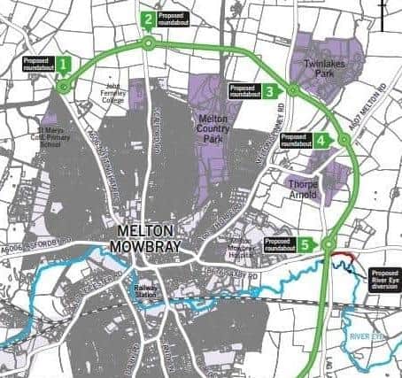 The route and the six roundabouts which will make up the North and East Melton Mowbray Distributor Road when it opens in 2025