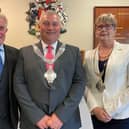 New Mayor of Melton, Councillor Tim Webster, flanked by new Deputy Mayor, Councillor Siggy Atherton, and outgoing Mayor, Councillor Alan Hewson