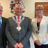 New Mayor of Melton, Councillor Tim Webster, flanked by new Deputy Mayor, Councillor Siggy Atherton, and outgoing Mayor, Councillor Alan Hewson