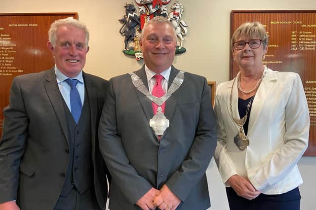New Mayor of Melton, Councillor Tim Webster, flanked by new Deputy Mayor, Councillor Siggy Atherton, and outgoing Mayor, Councillor Alan Hewson