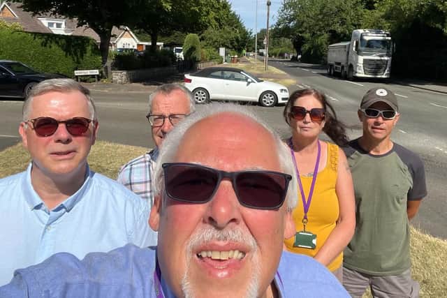 Local councillors Allen Thwaites, Sharon Butcher, Alison Freer and Andrew Innes with residents who are concerned about heavy HGV movements on Burton Road in Melton Mowbray