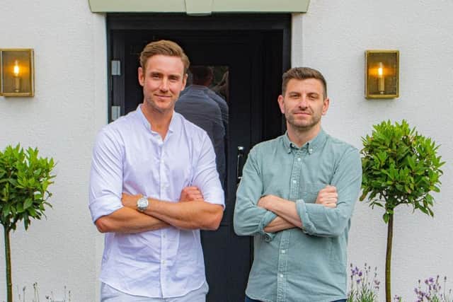 Stuart Broad (left) and Harry Gurney outside their Tap & Run pub at Upper Broughton