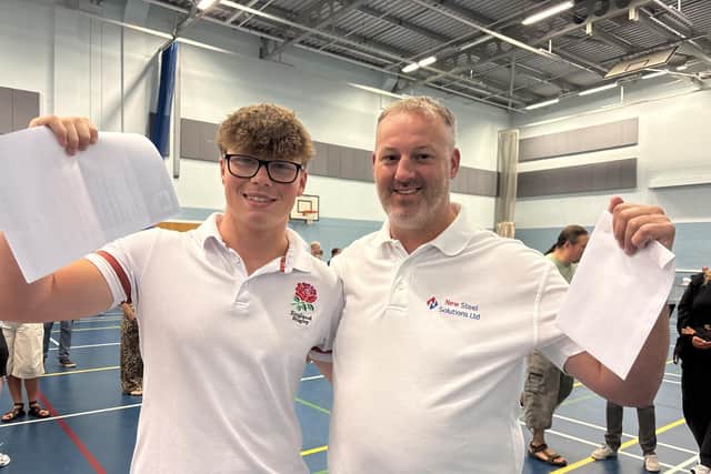 Ben Newbery and dad, Michael, on GCSE results day at Long Field