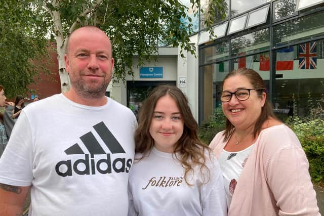 Millie Paterson with her parents at Long Field Spencer Academy today