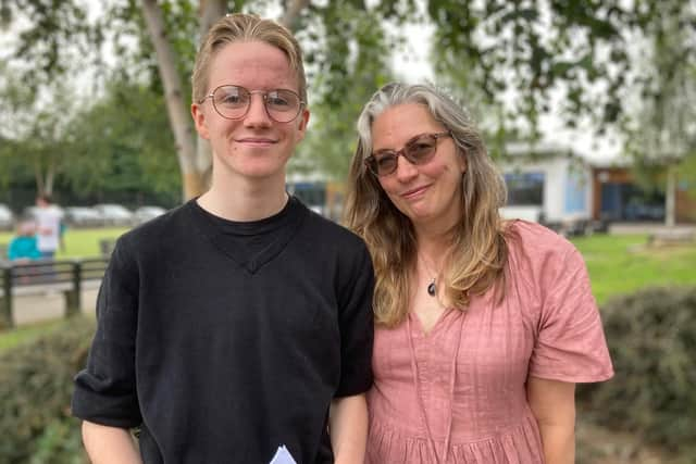 Alex Bridgeman with his mum, Louise, at Long Field Spencer Academy today for GCSE results day