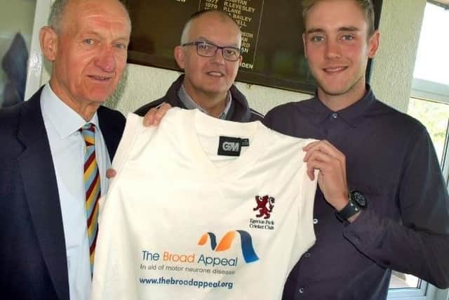 Stuart Broad pictured a few years ago at the launch of his family's Broad Appeal with former Egerton Park CC chair, Geoff Goodson (let), and late former chair, David Glover