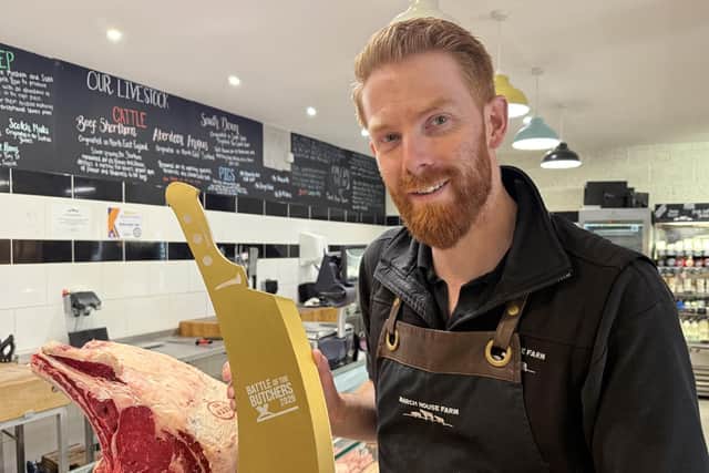 Master butcher, Phil Thatcher, with the Golden Cleaver award and the prize meat produced at March House Farm