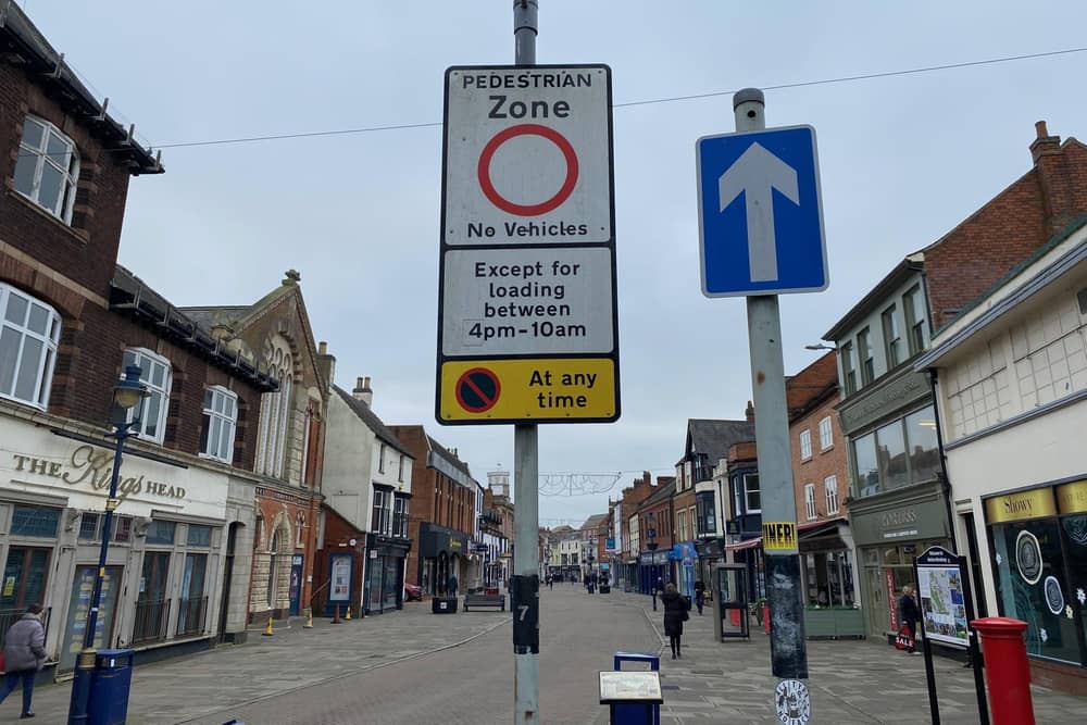 A sign on Nottingham Street stating loading times for Melton Mowbray town centre - this will be changed next week to 3pm-10am