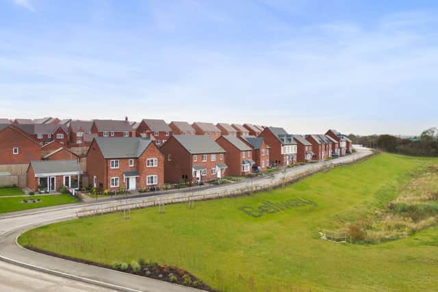 Aerial shot of new homes and public open space at Bellway's Roman Gate development in Melton Mowbray